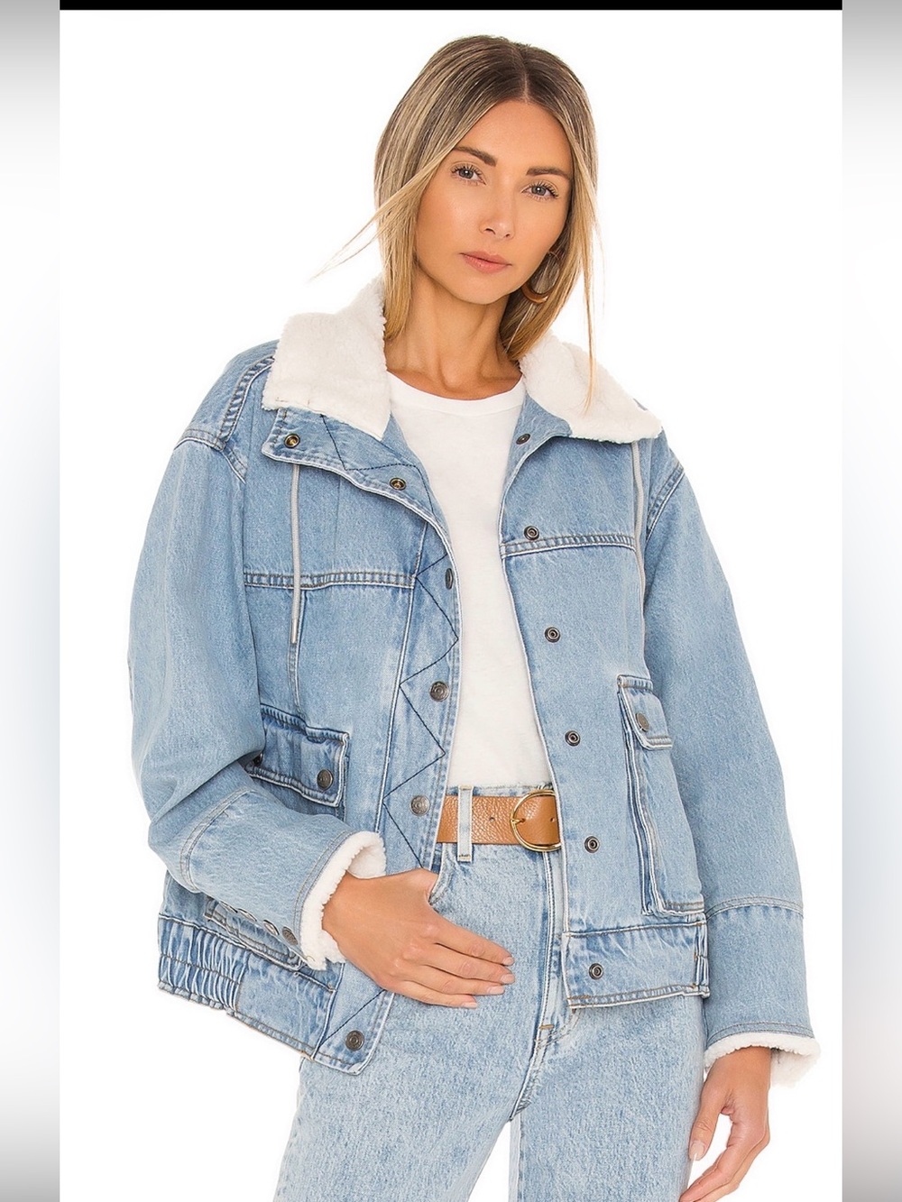 Free People We The Free Ariel Cozy Denim Sherpa Bomber Jacket - Picture 3 of 4